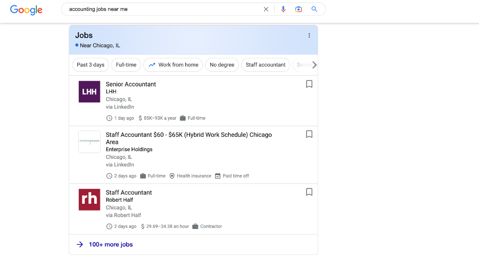 Figure 1: Google for Jobs’ first three results for the search term “accounting jobs near me”